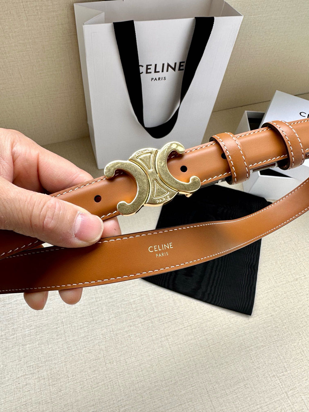 CELINE 25S BELT TRIOMPHE TAURILLON 25MM IN CARAMEL CALFSKIN 557502