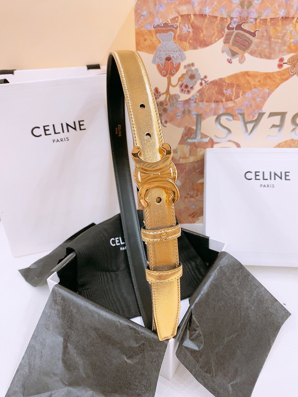 CELINE 25S TRIOMPHE BELT 25MM IN GOLD CALFSKIN GOLD HARDWARE 570966